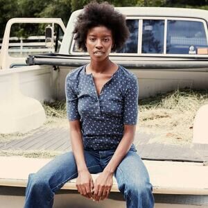 Doen Lucia Windswept Floral Print Cotton Short Sleeve Tee Knit Top Navy Sz Small